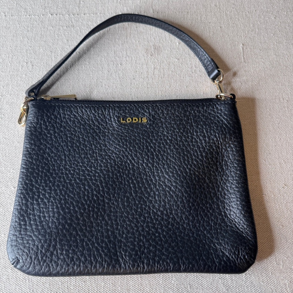 LODIS Black Pebbled Leather Wristlet Pouch Clutch Gold Hardware Bag 3-way‎ Strap